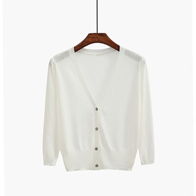 

Womens Three Quarter Sleeve V-Neck Thin Blouse Sun Protection Button Up Knitted Cardigan