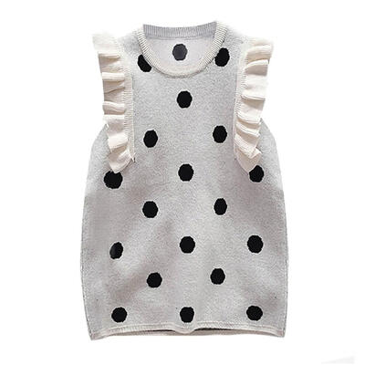 

Baby Girls Dress 1-7T New Autumn Round Neck Dot Print Knit Skirt Princess Cute Toddler Girl Clothes Sweet Sleeveless Dress