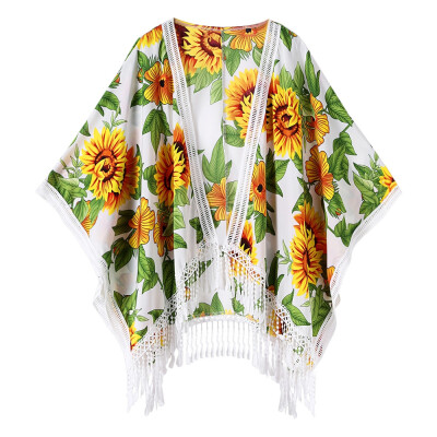 

Fresh Women Blouse Sunflower Print Tassel Sunscreen Beach Shawl