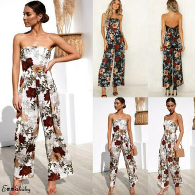 

Women Casual Boho Floral Jumpsuit Romper Bodysuit Sleeveless Pants Long Trousers