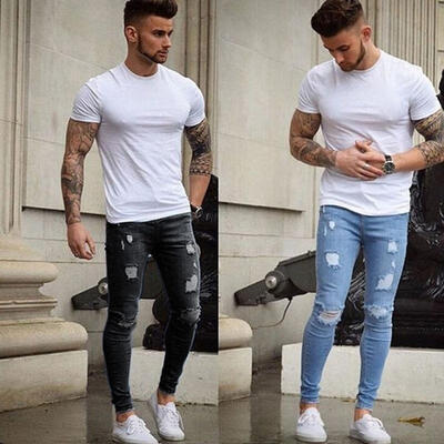 

Men&39s Stretchy Ripped Skinny Biker Jeans Destroyed Taped Slim Fit Denim Pants