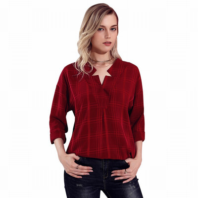 

V-neck long-sleeved plaid plaid thin section casual white-collar blouse top