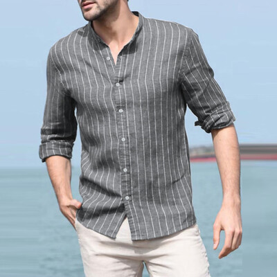 

Toponeto Mens Baggy Cotton Linen Striped Long Sleeve Button Retro T Shirts Tops Blouse