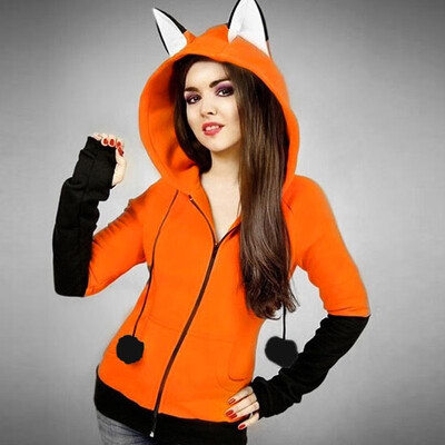 

Fashion Women Autumn Halloween Splicing Hooded Hoodie Long Sleeve Ears Zipper Balls Decoration Pocket Cute Coat Outerwear