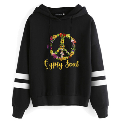 

Queenromen Unisex Hippie Soul Bus Peace Flower Women Hoodie Striped Sleeve Jumper Pullovers Hippy Gift Sweatshirt