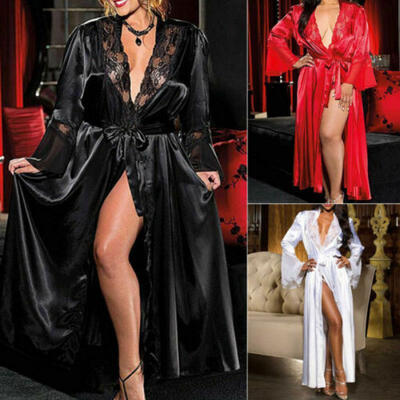 

Womens Lady Satin Gown Bathrobes Long Nightdress Sleepwear Lingerie Kimono ROBE