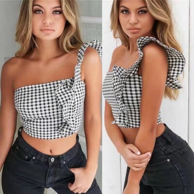 

Womens Ladies Summer Ruffle One Shoulder Shirt Loose Casual Blouse Tops T-Shirt