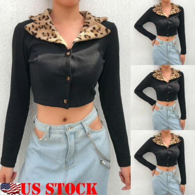

Women Long Sleeve Short Leopard Collar Jacket Cardigan Casual Crop Coat Outwear