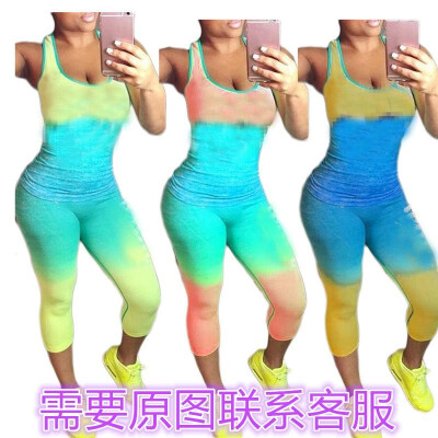 

U7020 cross-border womens European&American fashion English offset printing gradient color sports two-piece pants suit 11Gre