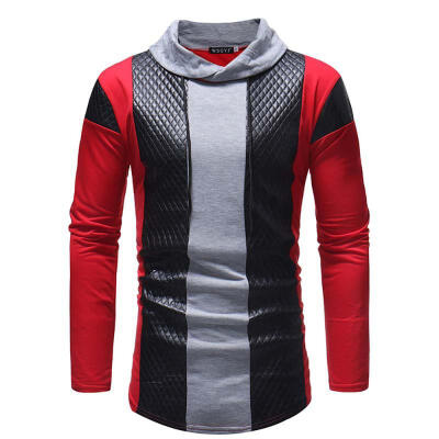 

New Mens Casual Cotton Patchwork Stand Long Sleeve T Shirt Silm Leather Shirts 7462