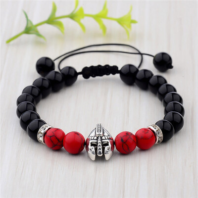 

1Piece Charm Knight Warrior Gladiator Helmet Bracelet Men Natural Stone Black&Red Bead Adjustable Bracelets
