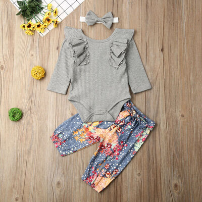 

Newborn Baby Girl Winter Outfit Clothes Romper TopsFloral PantsHeadband Set