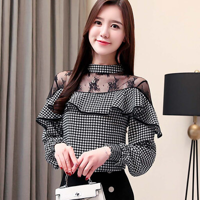 

Tailored Womens Black Chiffon Blouse Top Hollow Out Shirt Ruffle Long Sleeve