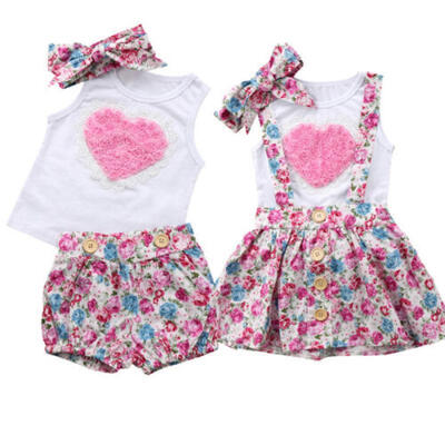 

3PCS Kids Baby Girls Sister Matching Floral Clothes Top Dress Pants Outfit Set