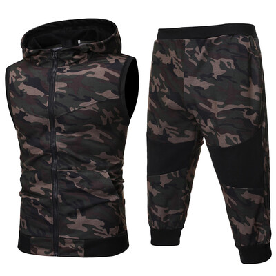 

Toponeto Mens Summer Camouflage Sweatshirt Zipper Top Pants Sets Sports Suit Tracksuit