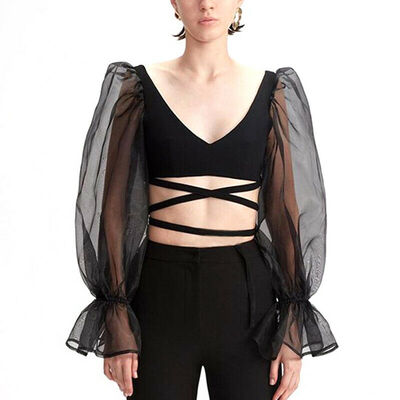 

Sexy Women Mesh Sheer Crop Top Long Sleeve Transparent T-Shirt Blouse Tee Tops