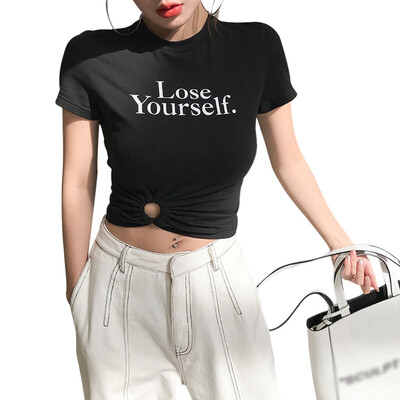 

Casual Women Round Neck Letter Print Short Sleeve Hollow Out Pullover Slim Crop Top T-Shirt