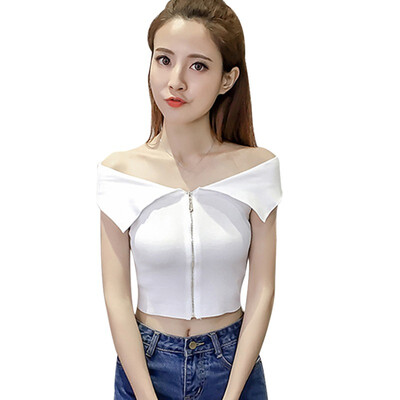 

Summer Sexy Off Shoulder T Shirt Tops For Women Casual Sleeveless Short T-shirts Korean Zipper Cropped Tops