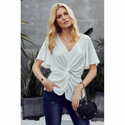

Solid color V-neck shirt Womens bell-shaped sleeve slim shirt