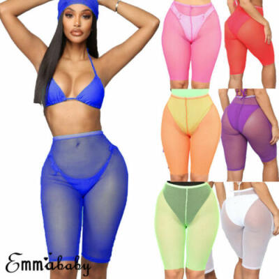 

US Womens Sexy Perspective Mesh Sheer Swim Shorts Pants Bikini Bottom Cover up