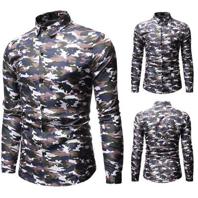 

Mens Long Sleeve Camouflage Shirt Casual Button Down Slim Fit Dress T-shirts