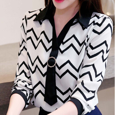 

Tailored Fashion Women Striped V neck Casual Shirt Loose Long Sleeve Top Blouse