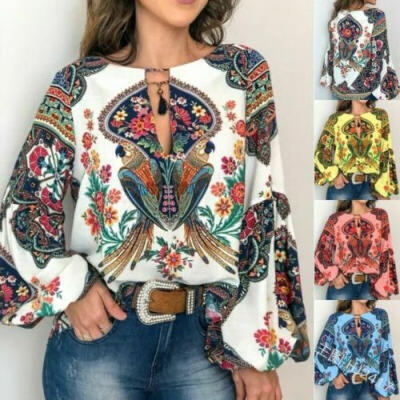 

Women Boho Floral V-Neck Long Lantern Sleeve Oversize Blouse T Shirt Tops -3XL