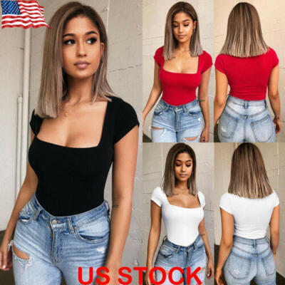 

US Women Short Sleeve Short Romper Jumpsuit Stretch Bodysuit Leotard Top Blouse