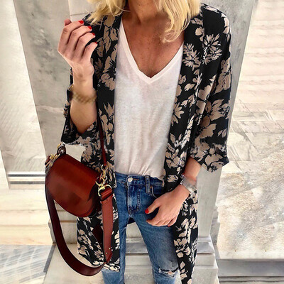 

Womens Plus Size Long Sleeve Kimono Cardigan Floral Print Casual Loose Tops Coat