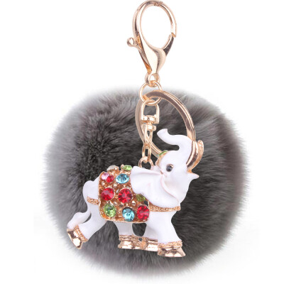 

Soft 8CM Rex Rabbit Hair Ball Diamond Alloy Elephant Keychain Lovers Bags Mobile Phone Accessories