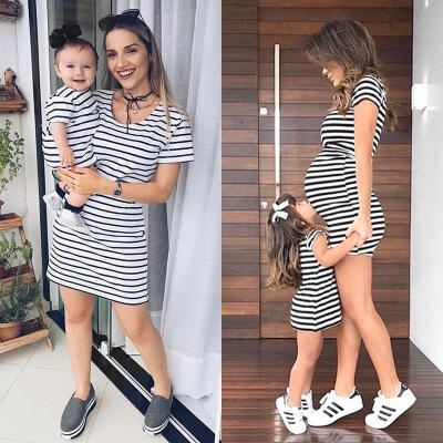 

Family Matching Outfits Mother & Daughter Clothes Dress Baby Girl Striped Skirt