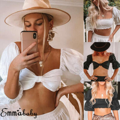 

Sexy Women Cotton Crop Top Short Puff Sleeve T-Shirt Blouse Party Club Tee Tops
