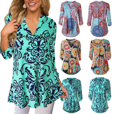 

Fashion Womens Long Sleeve Loose Blouse Casual Shirt Floral Print Tops T-Shirt