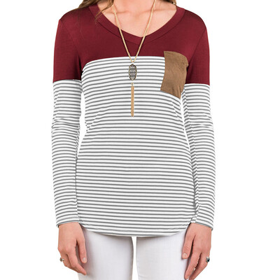 

Women V Neck Patchwork Long Sleeve Shirt Girl Autumn Stripe Casual Top Tee