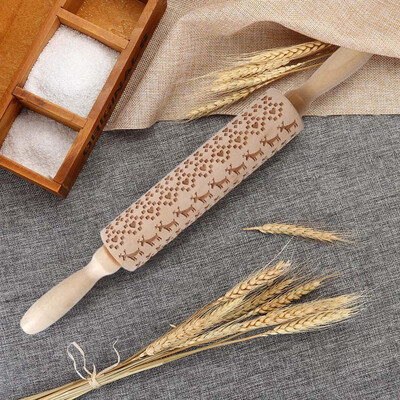 

Siaonvr Christmas Rolling Pin Engraved Carved Wood Embossed Rolling Pin Kitchen Tool