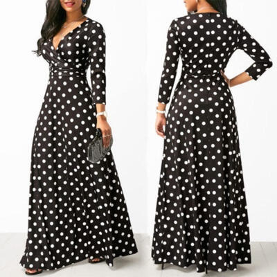 

UK STOCK Women Polka Dot Boho V Neck Party Evening Cocktail Prom Maxi Long Dress