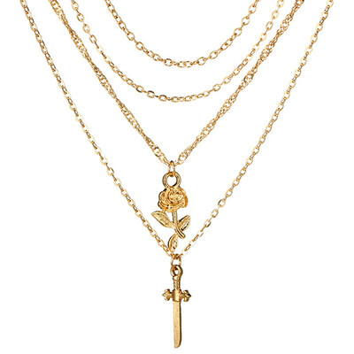 

Excellent Gold Rose Flower Necklace Pendant Fashion Jewelry Vintage Multilayers Cross Charms Collar Chain Necklace Women
