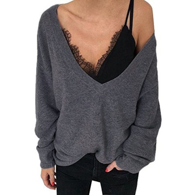 

Nomeni Womens Knitted Deep V-Neck Long Sleeve Wrap Front Loose Sweater Pullover Jumper