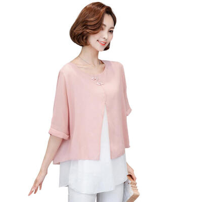 

Plus Size Fake 2pcs O-neck Chiffon T-shirts Flower Decor Women Loose Tops