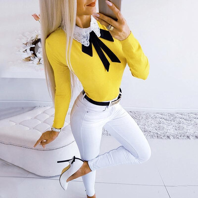 

Fashion Women Autumn Solid Color Blouse Embroidery Bow Tie Turn-Down Collar Long Sleeve Keyhole Button Top