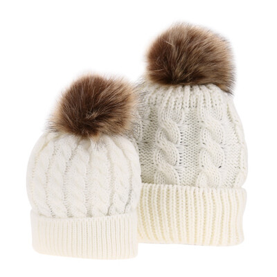 

Mom Baby Kid Warm Raccoon Fur Bobble Beanie Cotton Knitted Parent-child Hat