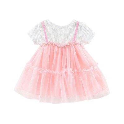 

Summer Baby Girl Short Sleeve Patchwork Princess Dress Fake 2 Piece Pearl Ball-gown Sundress
