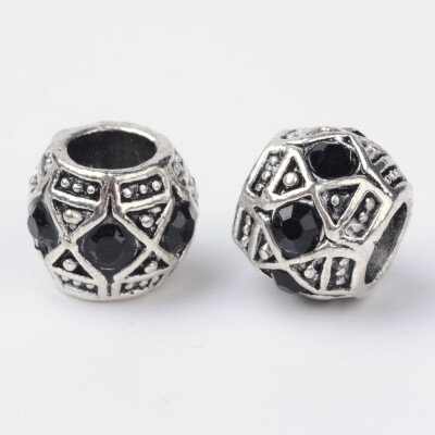 

Alloy Rhinestone Rondelle Large Hole European Beads Antique Silver Jet 11x9mm Hole 5mm