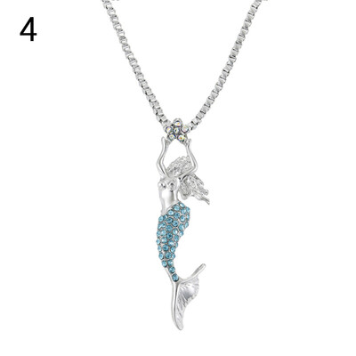 

Elegant Shiny Rhinestone Inlaid Mermaid Sweater Chain Necklace Pendant Decor