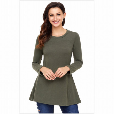 

Solid color round neck long sleeve left single row button slim fit shirt womens