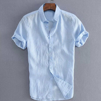 

Mens Linen Short Sleeve Summer Solid Shirts Casual Loose Dress Soft Tops Tee