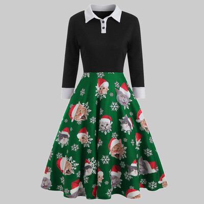 

Tailored Women Christmas Dress Round Collar Vintage Snowflake Gift Print Dress