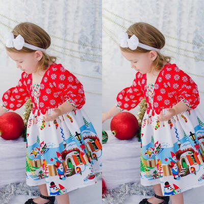 

Hot Toddler Baby Kids Girls Baptism Christmas Snowflake Long Sleeve Cartoon Dresses