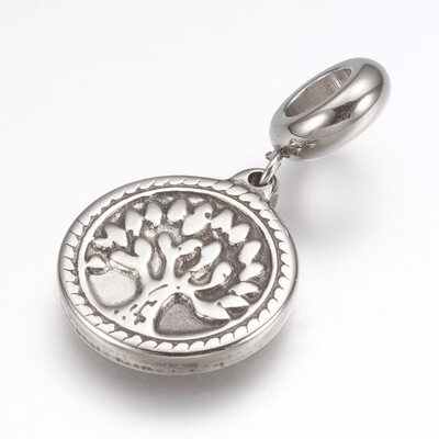 

304 Stainless Steel European Dangle Beads Large Hole Pendants Tree of Life Antique Silver 29mm Pendant 18x15x2mm Hole 5mm