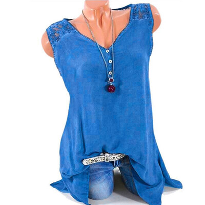 

Starmoon Women Plus Size Casual Lace V Neck Solid Daily Sleeveless Vest Tops Shirt Blouse